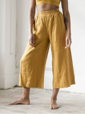 Anthropologie Beaumont Organic Wide Leg Nicole May Linen Trousers in Sun Yellow